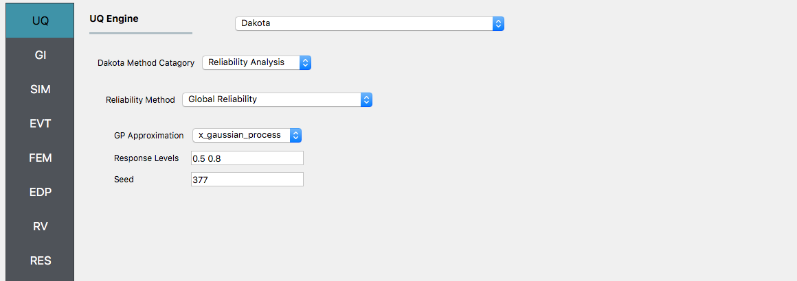 Screenshot of a user interface for an UQ (uncertainty quantification) engine with settings for a reliability analysis. The interface includes dropdown menus and fields labeled: UQ Engine (set to 'Dakota'), Dakota Method Category (set to 'Reliability Analysis'), Reliability Method (set to 'Global Reliability'), GP Approximation (set to 'x_gaussian_process'), Response Levels (with values '0.5 0.8'), and Seed (value '377'). On the left, a vertical menu shows categories like UQ, GI, SIM, EVT, FEM, EDP, RV, and RES.